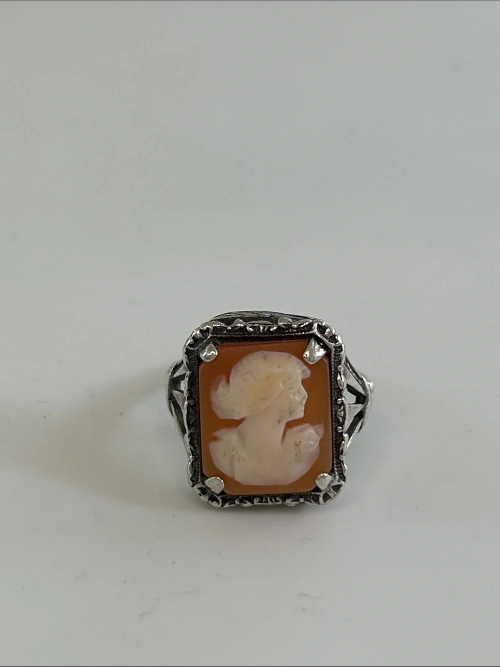 Sterling Silver Carved Shell Cameo Statement Ring | Size 5.25 | Art Deco Style
